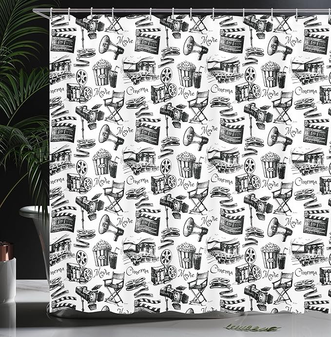 Ambesonne Movie Shower Curtain, Vintage Film Cinema Motion Camera Action Record Graphic Style Print, Cloth Fabric Bathroom Decor Set with Hooks, 69" W x 84" L, Charcoal White