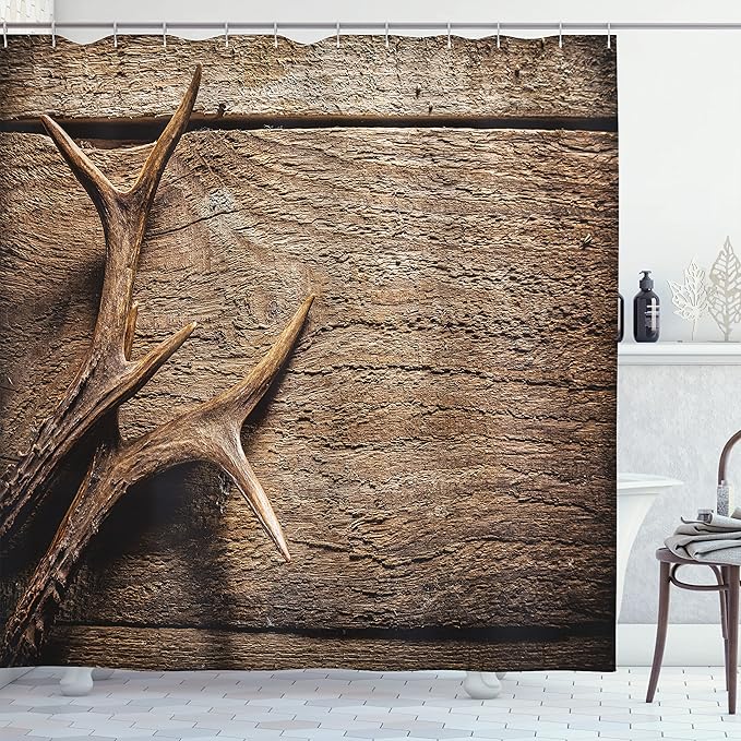 Ambesonne Antlers Shower Curtain, Deer Antlers on Wood Table Rustic Texture Surface Hunting Season Fall Gathering Art, Cloth Fabric Bathroom Decor Set with Hooks, 69" W x 70" L, Umber