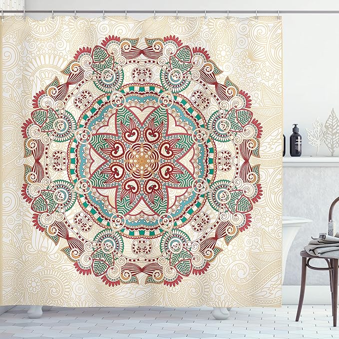 Ambesonne Mandala Shower Curtain, Oriental Mandala Vintage Style Boho Art Geometric Forms Pattern Image, Cloth Fabric Bathroom Decor Set with Hooks, 69" W x 70" L, Red Cream Green
