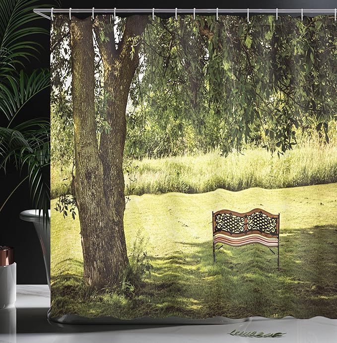 Ambesonne Tree Shower Curtain, Wooden Bench Under Shady Big Tree in The National Park Fresh Tranquil Scenery, Cloth Fabric Bathroom Decor Set with Hooks, 69" W x 70" L, Green Brown