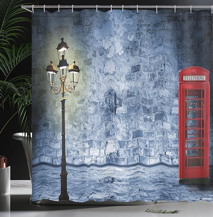 Ambesonne British Shower Curtain, Vintage Scene Brick Wall and British Phone Box in Dark Night Twilight, Cloth Fabric Bathroom Decor Set with Hooks, 69" W x 70" L, Violet Blue Vermilion
