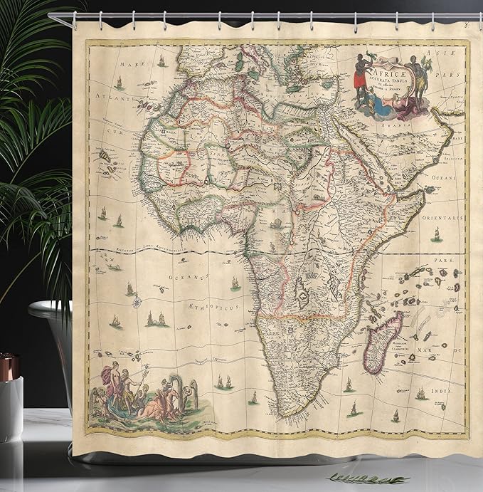 Ambesonne Antique Shower Curtain, Old Map of Africa Continent Historic Rustic Manuscript Geography, Cloth Fabric Bathroom Decor Set with Hooks, 69" W x 84" L, Brown Sand