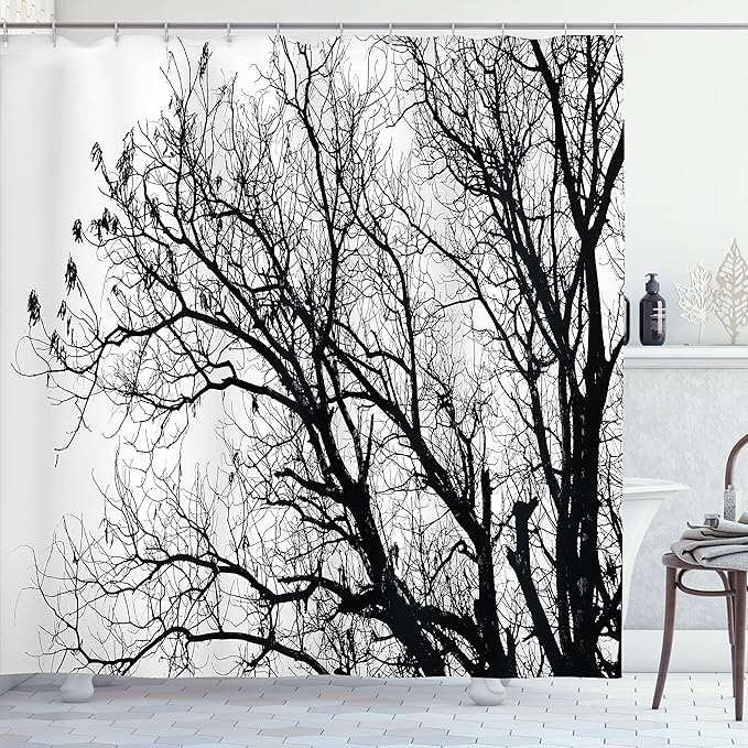 Ambesonne Nature Shower Curtain, Leafless Autumn Fall Tree Branches Tops Oak Forest Woodland Season Eco Theme, Cloth Fabric Bathroom Decor Set with Hooks, 69" W x 75" L, Charcoal Grey White