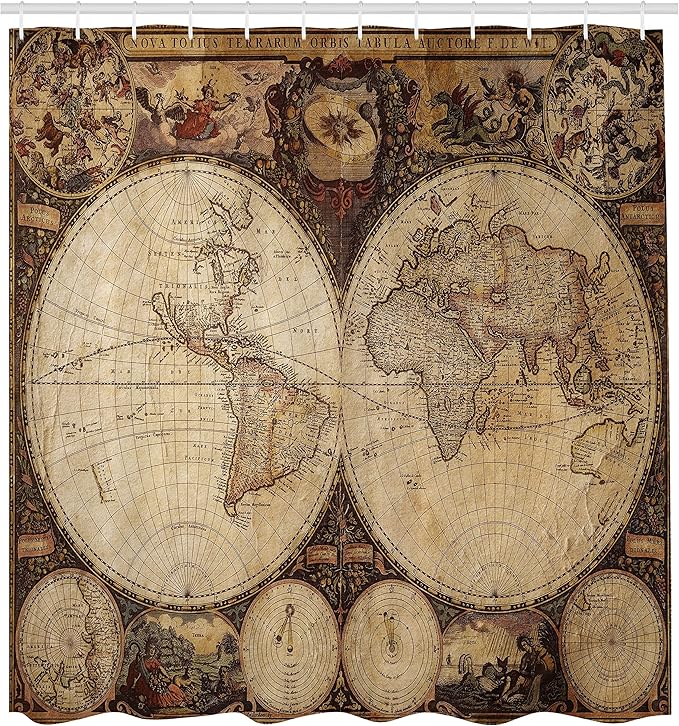 Ambesonne World Map Shower Curtain, Old World Map Drawn in 1720s Nostalgic Style Art Historical Atlas Vintage Design, Cloth Fabric Bathroom Decor Set with Hooks, 69" W x 70" L, Multicolor