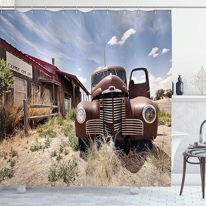 Ambesonne Americana Shower Curtain, an Abandoned Restaraunt on The Route 66 Come on in Sign of The Desert Road with a Rusty Old Car, Cloth Fabric Bathroom Set with Hooks, 69" W x 70" L, Brown Blue