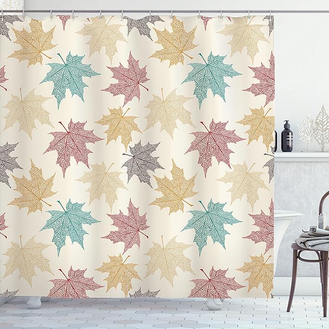 Ambesonne Leaf Shower Curtain, Pattern Colored Maple Leaves Seasonal Nature Inspired Ecology Artwork Print, Cloth Fabric Bathroom Decor Set with Hooks, 69" W x 70" L, Burgundy Teal Beige