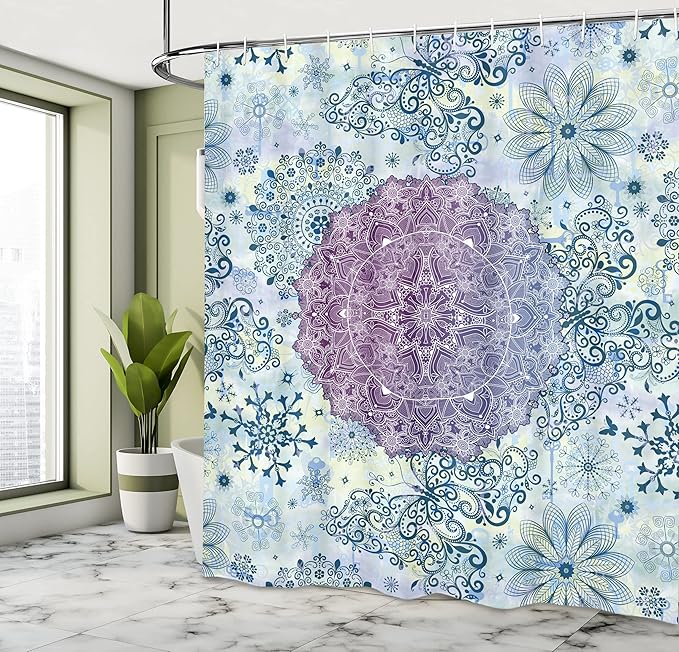 Ambesonne Mandala Shower Curtain, Floral Mandala Oriental Far Eastern Style Layout Print in Ombre Colors, Cloth Fabric Bathroom Decor Set with Hooks, 69" W x 70" L, Purple Blue