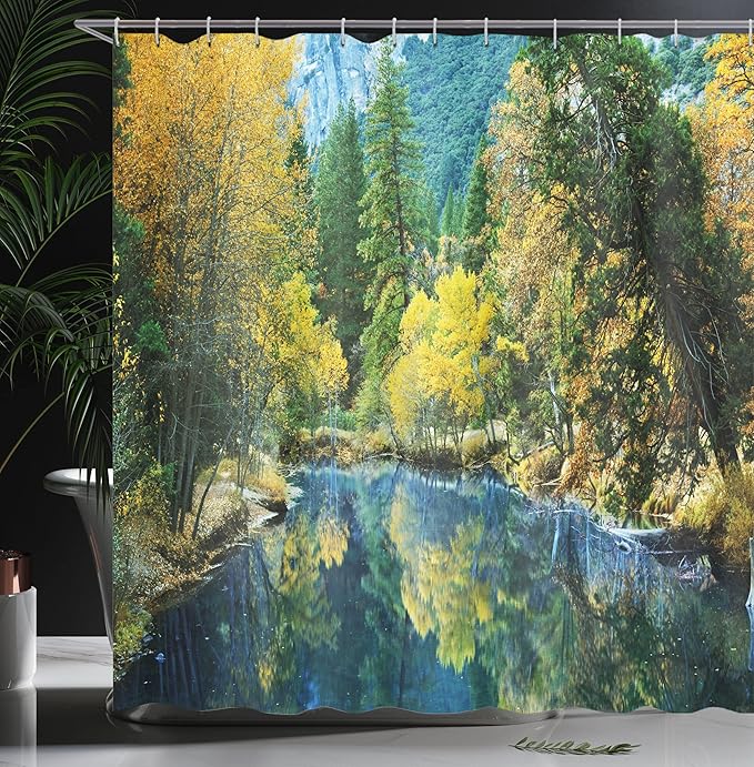 Ambesonne Nature Shower Curtain, Autumn Landscape Scenery Forest by River Seasonal Rural Countryside Picture, Cloth Fabric Bathroom Decor Set with Hooks, 69" W x 84" L, Green Blue Yellow