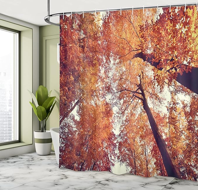 Ambesonne Forest Shower Curtain, Forest with Deciduous Trees Shedding Leaf Shady Toned Flora Scenery Photo Art, Cloth Fabric Bathroom Decor Set with Hooks, 69" W x 70" L, Orange