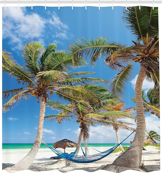 Ambesonne Beach Shower Curtain, Hammock Between Palm Trees and Sand Sunny Coast Scenery Travel Holiday Tropic Vacation Image, Cloth Fabric Bathroom Decor Set with Hooks, 69" W x 84" L, Coconut Green