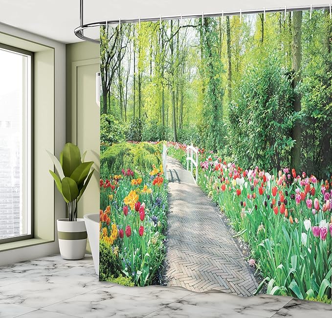 Ambesonne Garden Shower Curtain, Tulips in Keukenhof Gardens and Path Along Colorful Flowers Trees Nature Landscape, Cloth Fabric Bathroom Decor Set with Hooks, 69" W x 75" L, Multicolor
