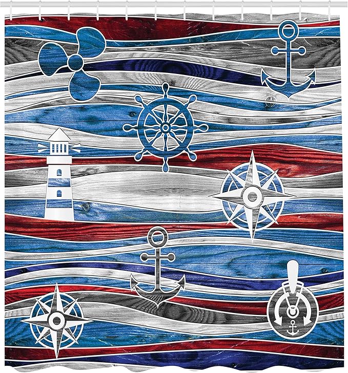 Ambesonne Anchor Shower Curtain, Shipping Boat Anchor Lighthouse Steering Wheel Compass on Waves Background, Cloth Fabric Bathroom Decor Set with Hooks, 69" W x 75" L, Grey Red
