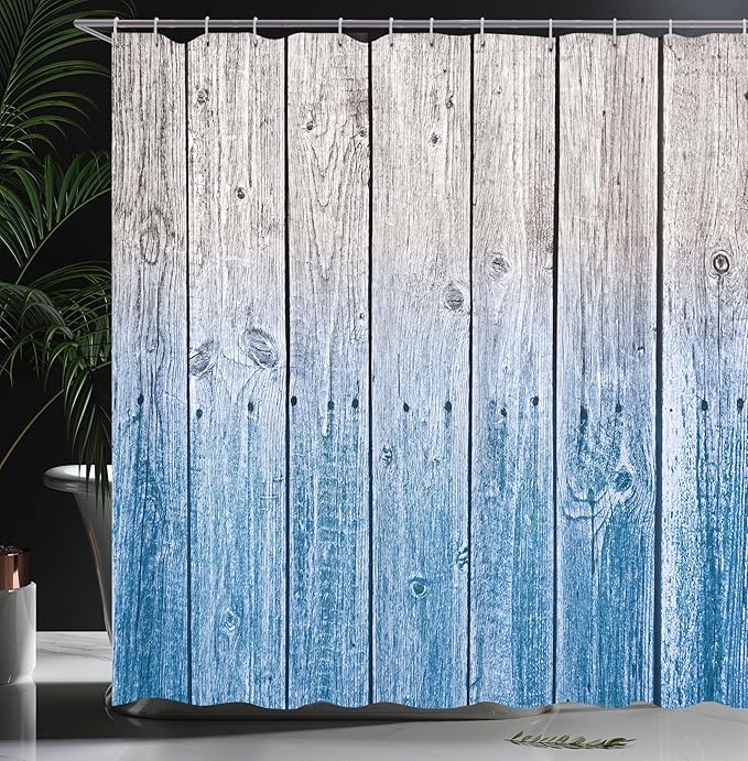Ambesonne Rustic Shower Curtain, Wood Panels Background Digital Tones Effect Country House Art Image, Cloth Fabric Bathroom Decor Set with Hooks, 69" W x 75" L, Azure Blue