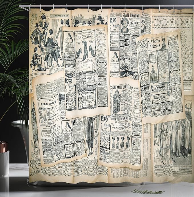 Ambesonne Antique Shower Curtain, Vintage Style Sepia Toned Newspapers Print and Old Fashioned Nostalgic Themed Illustrations, Cloth Fabric Bathroom Decor Set with Hooks, 69" W x 84" L, Green Beige