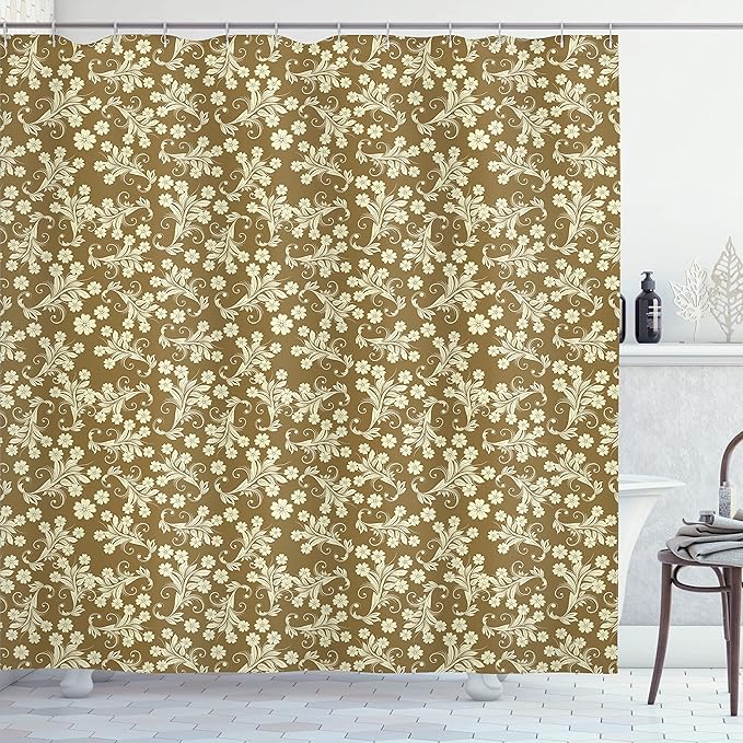 Ambesonne Floral Shower Curtain, Spring Season Inspired Baroque Style Flowers Leaves Art Design, Cloth Fabric Bathroom Decor Set with Hooks, 69" W x 70" L, Brown Caramel