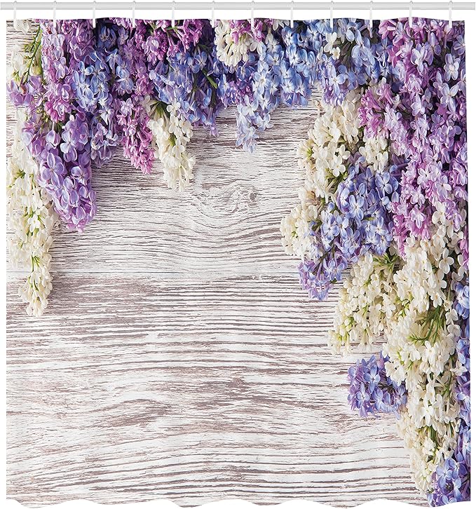 Ambesonne Rustic Shower Curtain, Lilac Flowers Bouquet on Wood Table Spring Nature Romance Love Theme, Cloth Fabric Bathroom Decor Set with Hooks, 69" W x 75" L, Lilac Violet Dark Taupe