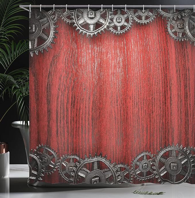Ambesonne Industrial Shower Curtain, Gear Wheels on The Wooden Background Penal Cogwheel Clockwork Arrangement, Cloth Fabric Bathroom Decor Set with Hooks, 69" W x 70" L, Black Dimgrey