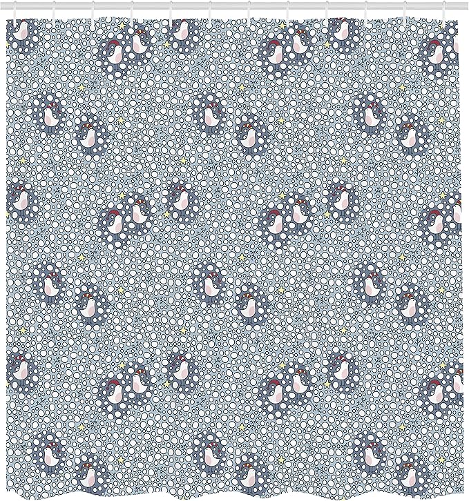 Ambesonne Winter Shower Curtain, Doodle Style Pattern with Bullfinch Birds with Xmas Hats and Snow, Cloth Fabric Bathroom Decor Set with Hooks, 69" W x 84" L, Bluegrey White
