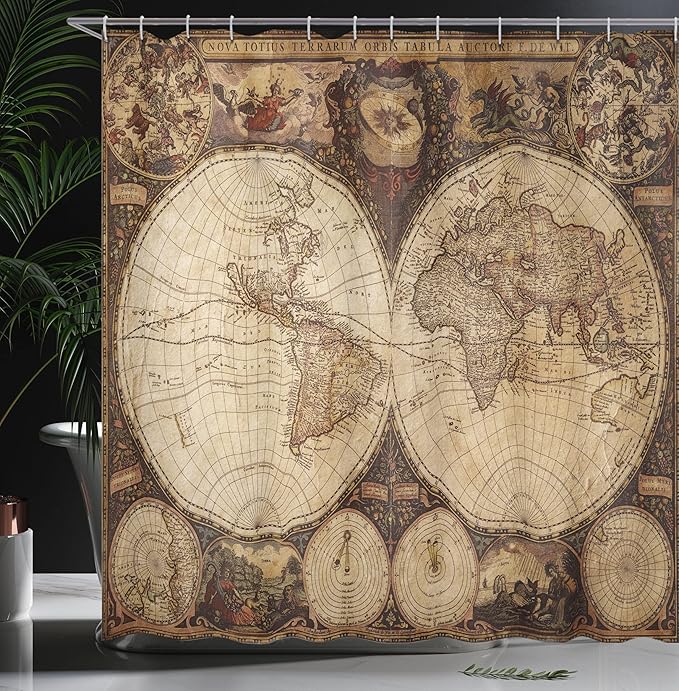 Ambesonne World Map Shower Curtain, Old World Map Drawn in 1720s Nostalgic Style Art Historical Atlas Vintage Design, Cloth Fabric Bathroom Decor Set with Hooks, 69" W x 70" L, Multicolor