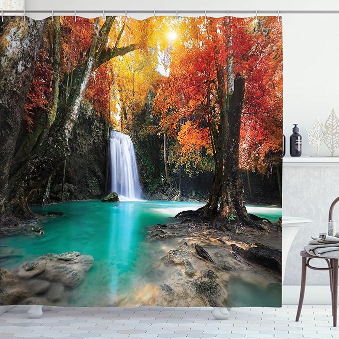 Ambesonne Waterfall Shower Curtain, Deep Forest and Waterfall Runoff Autumn Fall Seasonal Forest Print, Cloth Fabric Bathroom Decor Set with Hooks, 69" W x 70" L, Turquoise Orange