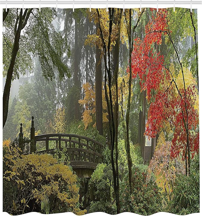 Ambesonne Landscape Shower Curtain, Wet Wooden Bridge by Portland Japanese Asian Style Garden Oregon Autumn Season Americana, Cloth Fabric Bathroom Decor Set with Hooks, 69" W x 84" L, Coffee Green