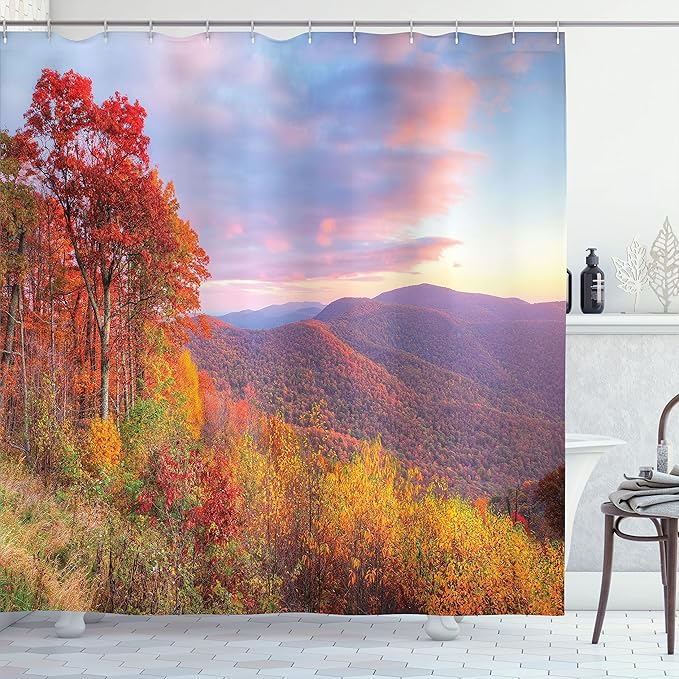 Ambesonne Mountain Shower Curtain, Sunrise Sky Colors Autumn Falls at South Western Village Scenery, Cloth Fabric Bathroom Decor Set with Hooks, 69" W x 70" L, Orange Green