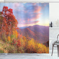 Ambesonne Mountain Shower Curtain, Sunrise Sky Colors Autumn Falls at South Western Village Scenery, Cloth Fabric Bathroom Decor Set with Hooks, 69" W x 75" L, Orange Green