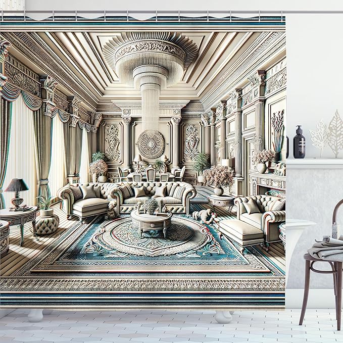 Ambesonne Classic Shower Curtain, Extravagant Hall with Oceanic and Neutral Color Details Room View Print, Cloth Fabric Bathroom Decor Set with Hooks, 69" W x 75" L, Coconut and Sea Blue