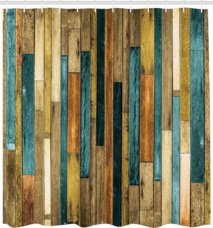 Ambesonne Wooden Print Shower Curtain, Brown Old Hardwood Floor Plank Grunge Lodge Garage Natural Rural Graphic, Cloth Fabric Bathroom Decor Set with Hooks, 69" W x 70" L, Cadet Blue