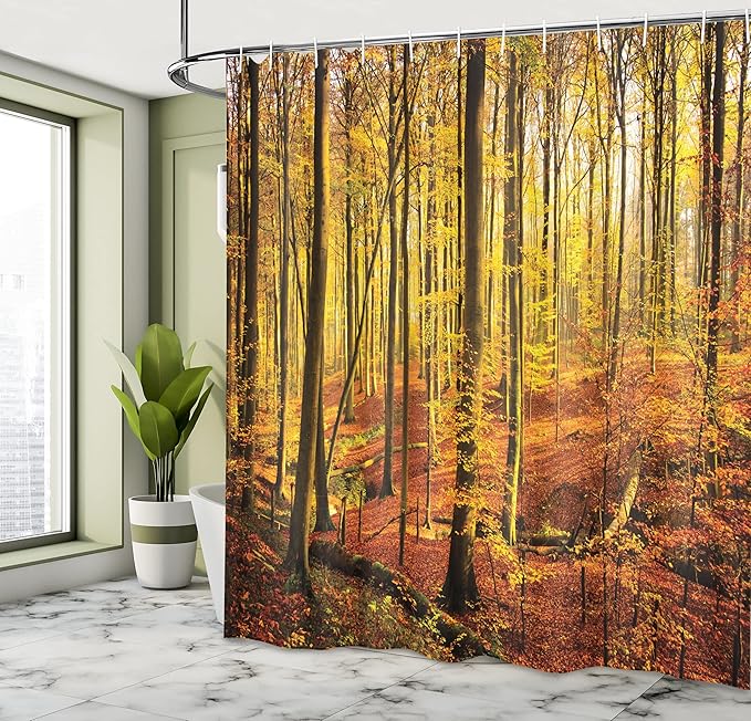 Ambesonne Forest Shower Curtain, Autumn in Brakelbos Theme Forest Fall Park Golden Yellow Sun Rays, Cloth Fabric Bathroom Decor Set with Hooks, 69" W x 70" L, Orange Yellow