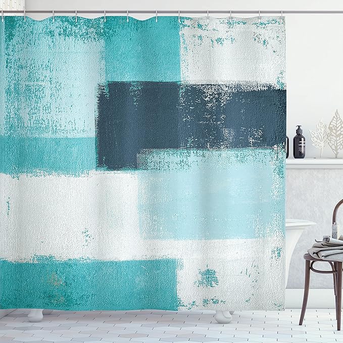 Ambesonne Abstract Shower Curtain Sets with Hooks for Nautical Bathroom Decor Essential Accessories Abstract Grunge Style Brushstrokes Painting Contemporary Illustration 69" W x 70" L, Turquoise Aqua