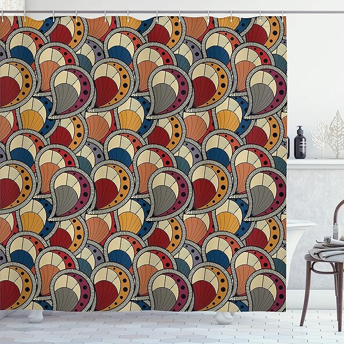 Ambesonne African Shower Curtain, Paisley Motifs Geometric Design Dots Lines Teardrop Shape Curved Tip, Cloth Fabric Bathroom Decor Set with Hooks, 69" W x 70" L, Charcoal Multicolor